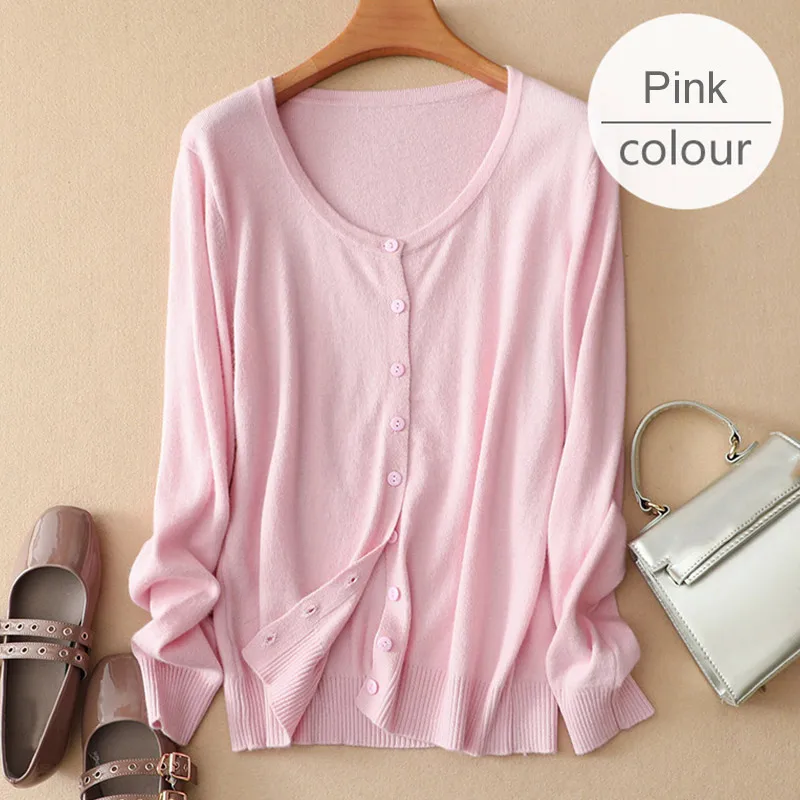 O-neck Pink Осень шерстяной женский Кардиган кашемировый вязаный тонкий черный с круглым вырезом кардиганы на пуговицах для женщин длинный рукав тонкий свитер оверсайз - Цвет: O-neck Pink