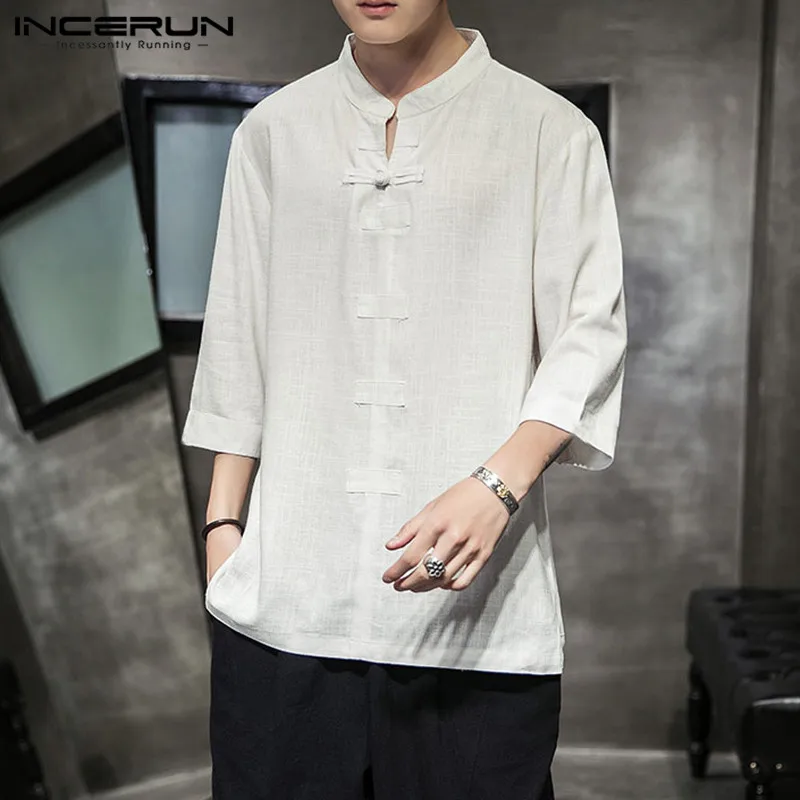 INCERUN Cotton Linen Casual Shirts Men Vintage 3/4 Sleeve Solid Chinese Traditional Tops Stand Collar Shirts Men Tang Suit