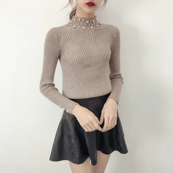 

Korean Style High Collar Long Sleeve Slim Pearl Beads Sweater Autumn Winter Knitted Beaded Sweaters Ladies Pullovers Wholesale