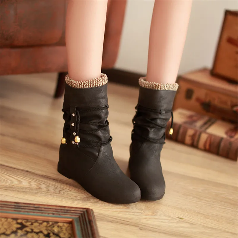 Meotina Autumn Mid Calf Boots Women Boots Crystal Slip on Flat Boots Pleated Round Toe Shoes Ladies Winter Green Plus Size 33-43