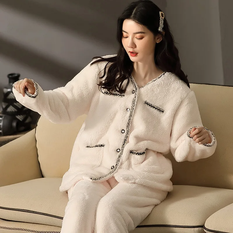 Пижама женская из двух предметов, Топ с длинным рукавом молочно-белого цвета и брюки, зимняя утепленная одежда, свободный бархатный топ для дома