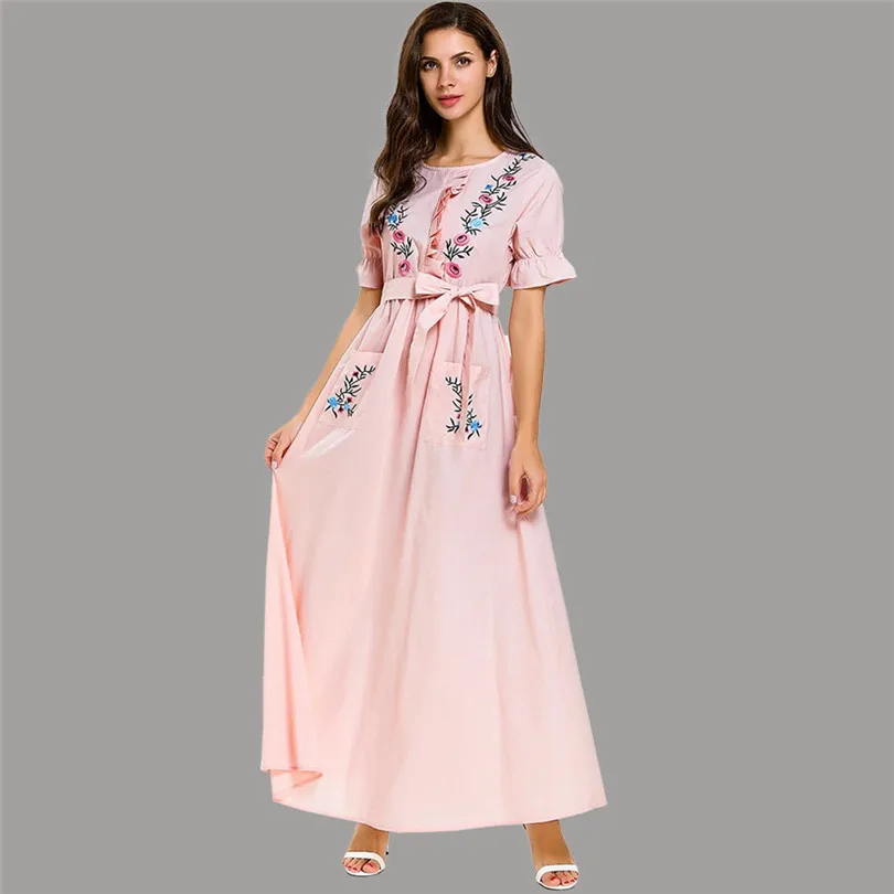 Милое женское розовое длинное платье Лето Цветочная вышивка круглый вырез короткий рукав макси платья передние карманы галстук-бабочка