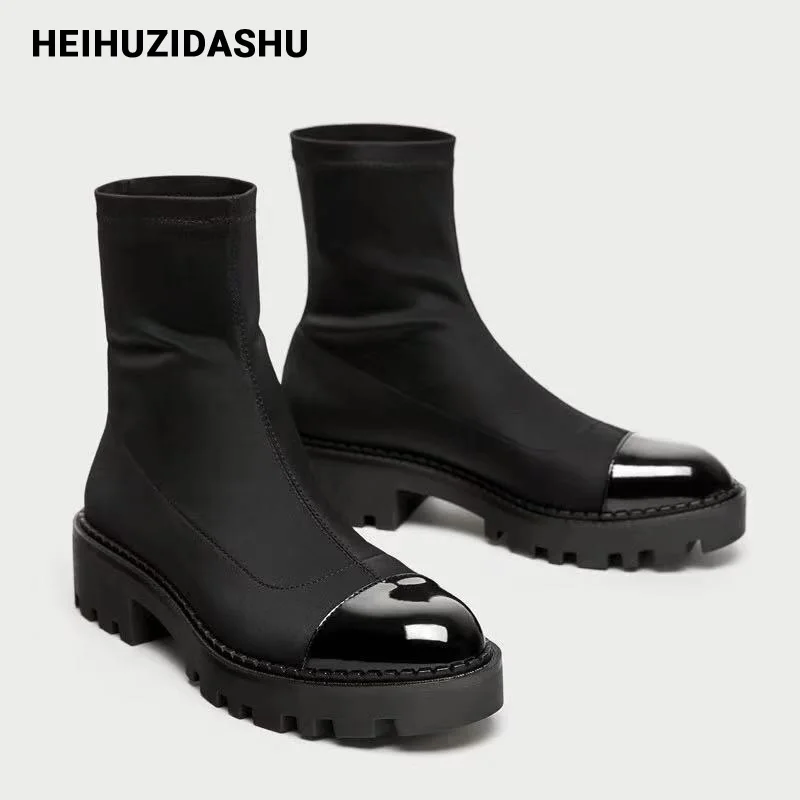 Растягивающиеся носки на платформе Ботинки из лакированной кожи Женские