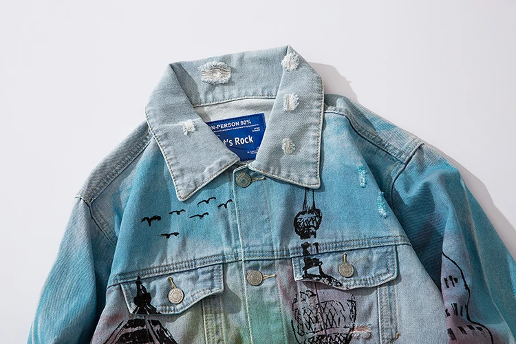 Hip Hop Printed Denim Jackets Mens Streetwear Ripped Denim Jacket for Men Fashionable Men's Clothing Jackets and Coats