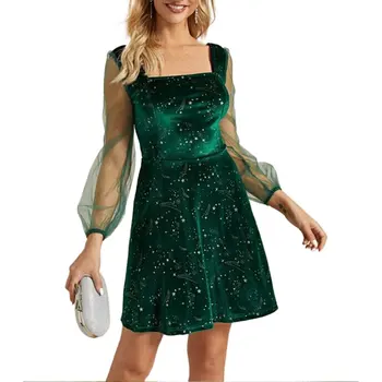 

Women Dress Sheer Mesh Long Puff Sleeve Velet Slim Sequin Bodycon Party Mini Dress autumn winter