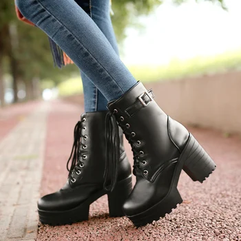 preço Branco Rendas Até Botas De Tornozelo Para As Mulheres 2020 Dedo Do Pé Redondo Robusto Salto Alto Plataforma Botas De Couro Inverno Preto Goth Motocicleta Botas