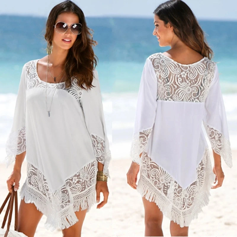 White Lace Swimwear Summer Sexy Bikini Pareo Beach Cover Ups Beachwear Women Dress Bathing Suit up #Q425