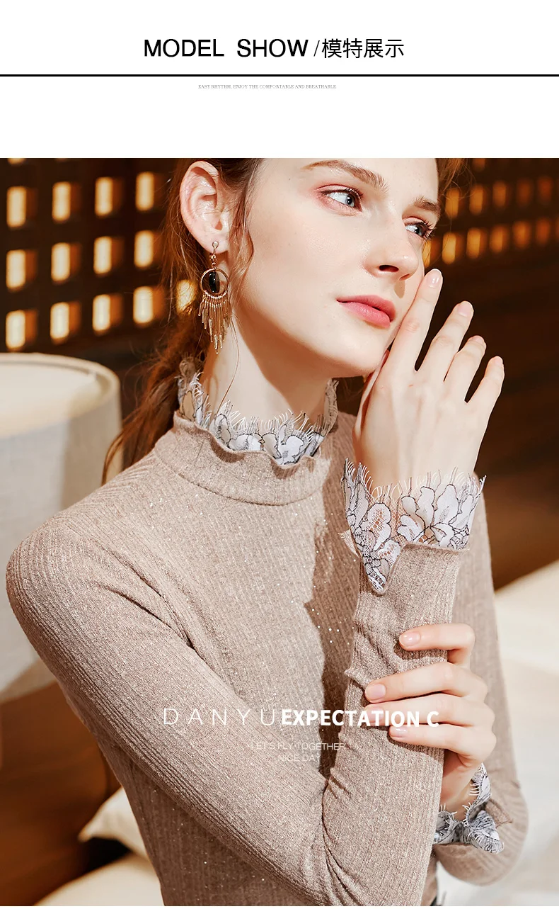 Latin Dance Clothes Ladies Autumn Dress Women Stitching Lace Lace Half-High Collar Long-Sleeved Bell-Sleeve Balroom Tops BI044