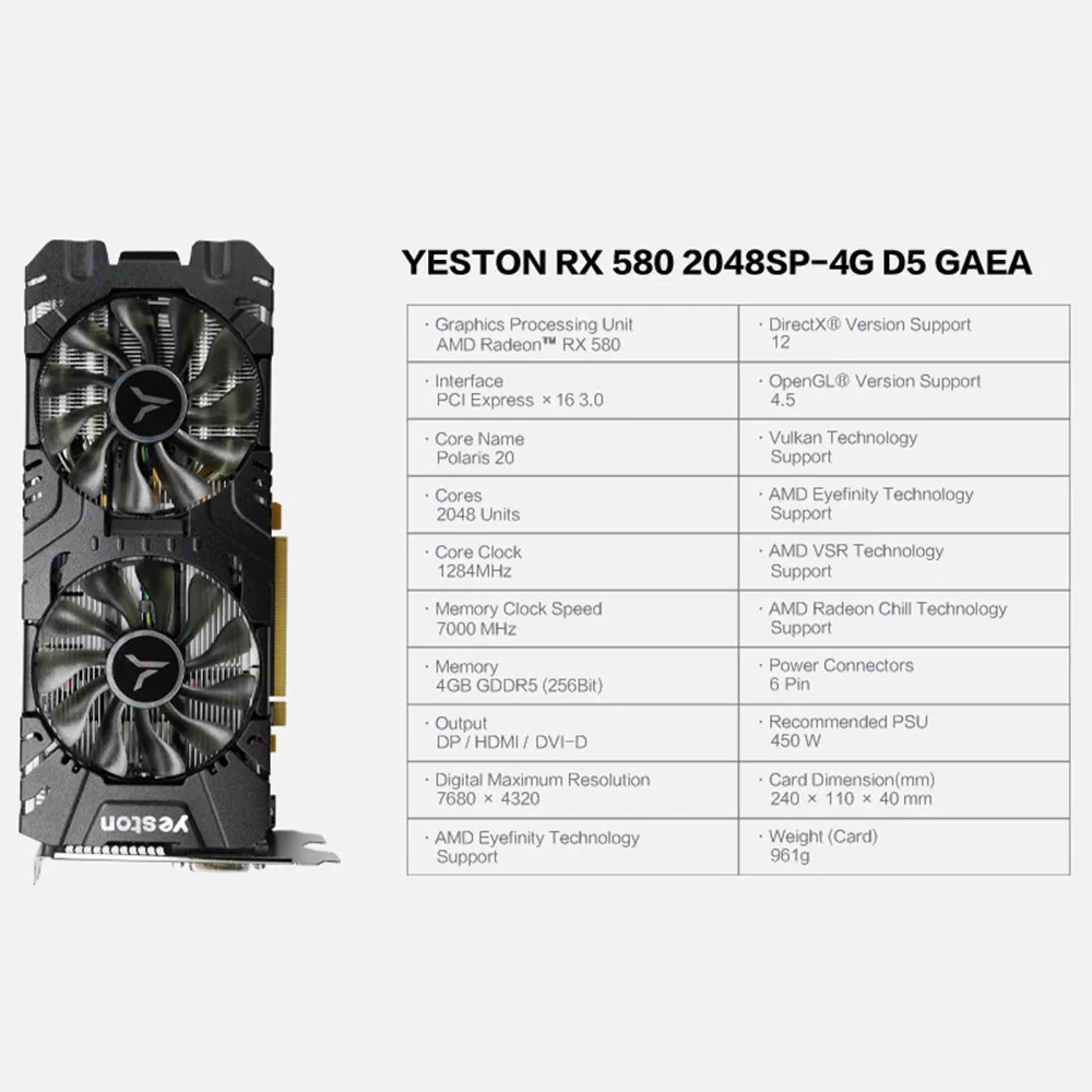 Yeston RX 580 2048SP 4G D5 GAEA Графическая карта, видеокарта Radeon Chill Dual Fan Cooling 4GB GDDR5 256bit DP/HD/2xDL-DVI-D PC
