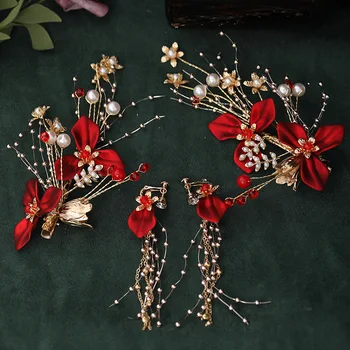 

Romantic Red FLower Headbands Hairgrips & Earrings for Women Bridal Wedding Headpiece Engagement Party Hair Accessories