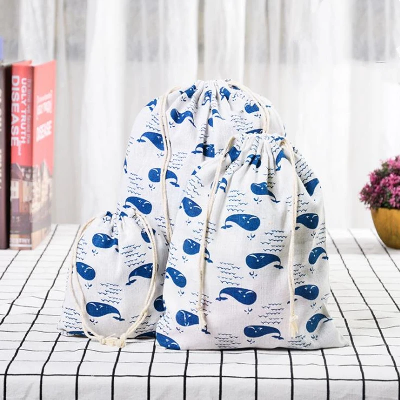Cotton Linen Drawstring Bag Fabric Pouch Cute Cartoon Print Kids Travel Cloth Shoes Storage Bag Makeup Case Christmas Gift Bag 3