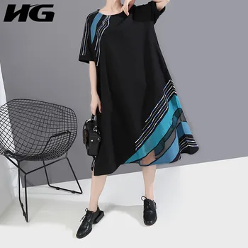 

HG Fashion Stripe Splicing Dress Women Leisure Plus Size Loose Women Clothes 2020 Summer New Short Sleeve O Neck Dresses XJ4653