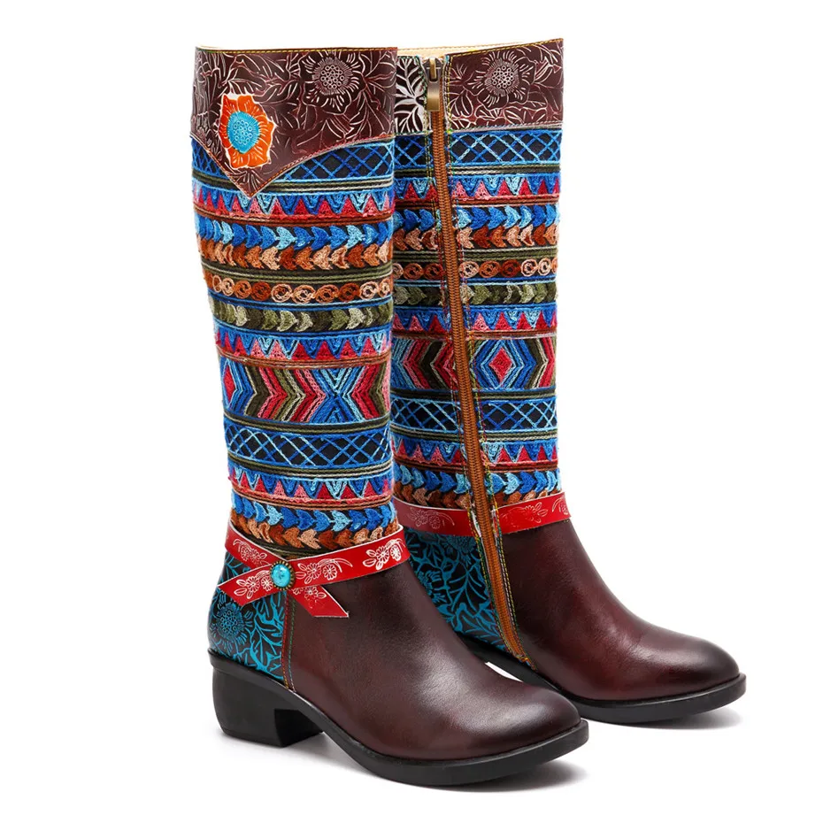 Women Cow Leather Boot Shoes 2019 Spring Autumn Ladies Mid-Calf 4cm Heels Shoes Fashion Bohemia Genuine Leather Boots Large Size (11)