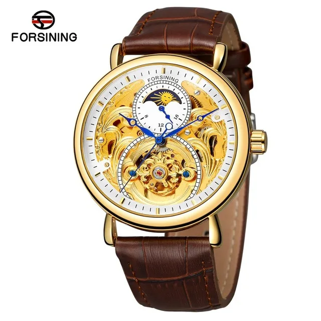 FORSINING Relogio Masculino модные кожаные Moonphase водонепроницаемые светящиеся спортивные часы мужские бизнес люксовый бренд наручные часы - Цвет: brown gold white