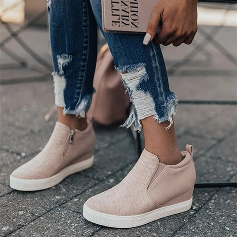 LOOZYKIT PU Leather Woman Casual Shoes Within The Higher Pure Fashion Side Zipper Sneakers Anti Skid Outsole Ladies Shoes - Цвет: B beige