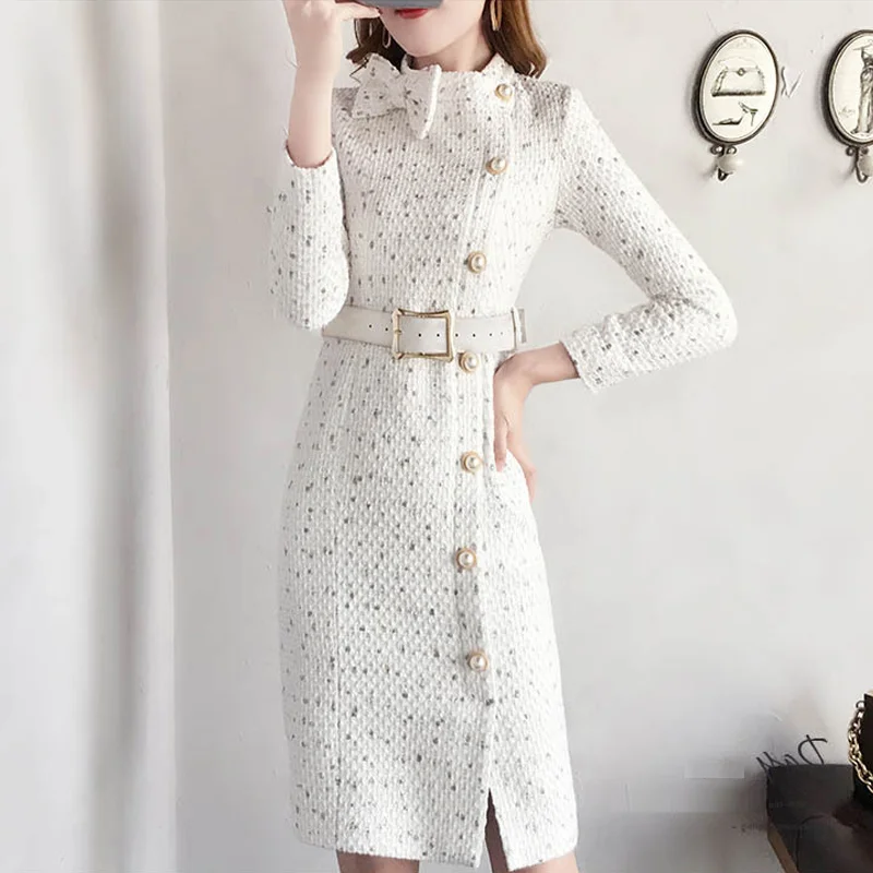 ZAWFL 2022 Autumn Winter Elegant Women Woolen Dress Pearl Button Tweed Sexy Split Long Sleeve high waist Pencil | Женская одежда
