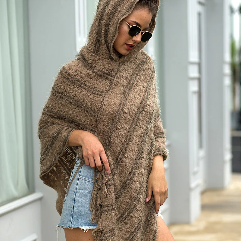 Autumn winter Cloak shawl Pullover knitted sweaters women Fringed cloak shawl Hooded shawl striped lady sweaters women