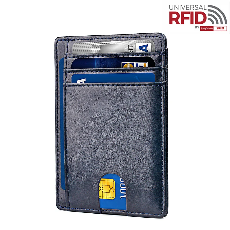 Navy Blue Мужской кошелек из натуральной кожи, RFID, противоугонная кисть, твердый Кошелек для монет из воловьей кожи, много карт, держатель для карт - Цвет: Navy Blue