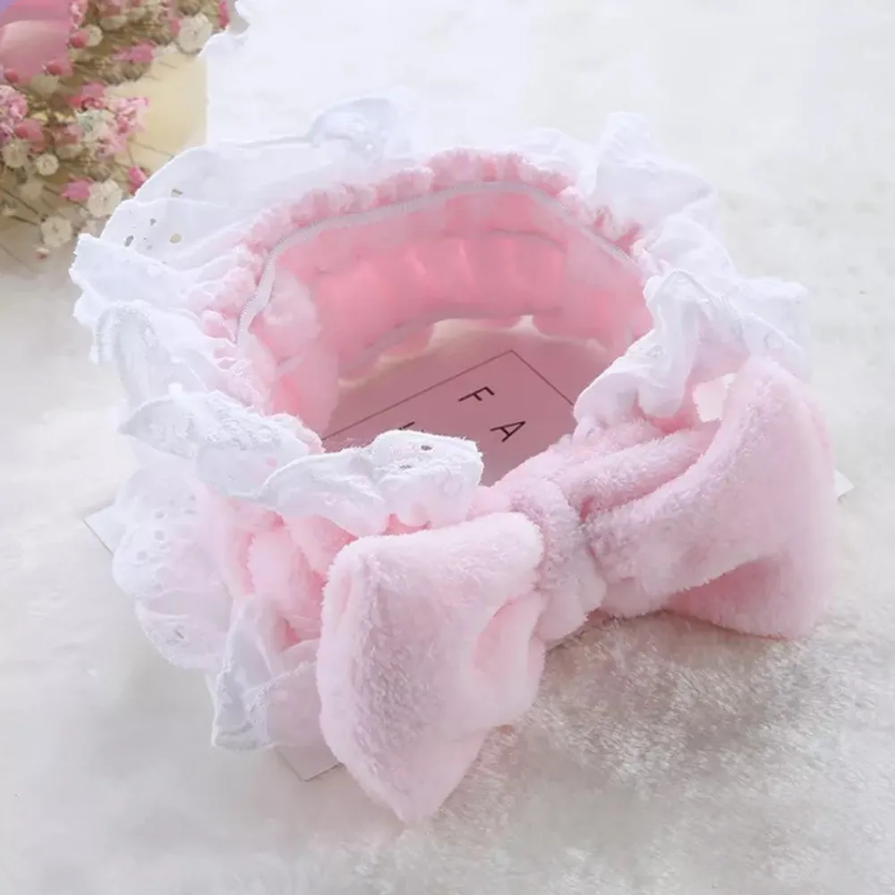 Rose Red Lace Повязка на голову из кораллового флиса с бантом для макияжа для женщин, женская маска для мытья лица, косметическая повязка на голову, эластичные мягкие аксессуары для волос в виде тюрбана - Цвет: Rose Red Lace