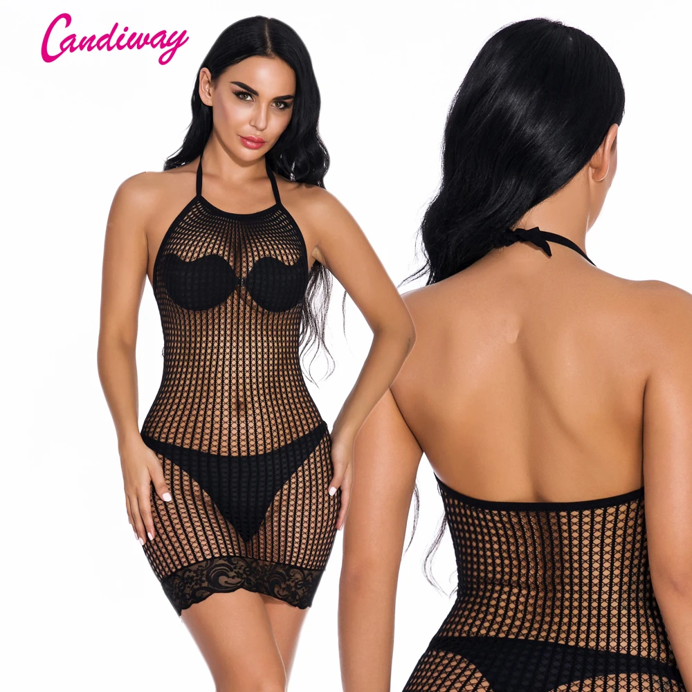 Candiway Горячая Для женщин размера плюс эластичные сексуальные полупрозрачные с лямкой на шее с открытой спиной Мини платье-комбинация флирта аксессуары 1 шт