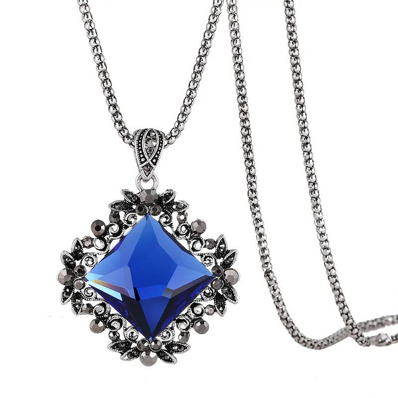 Blue Jorpsung женские этнические хрустальные аксессуары геометрические ромбовидные подвески для девочек цепочка для свитера Модное Длинное ожерелье с кристаллами в стиле ретро - Окраска металла: Blue