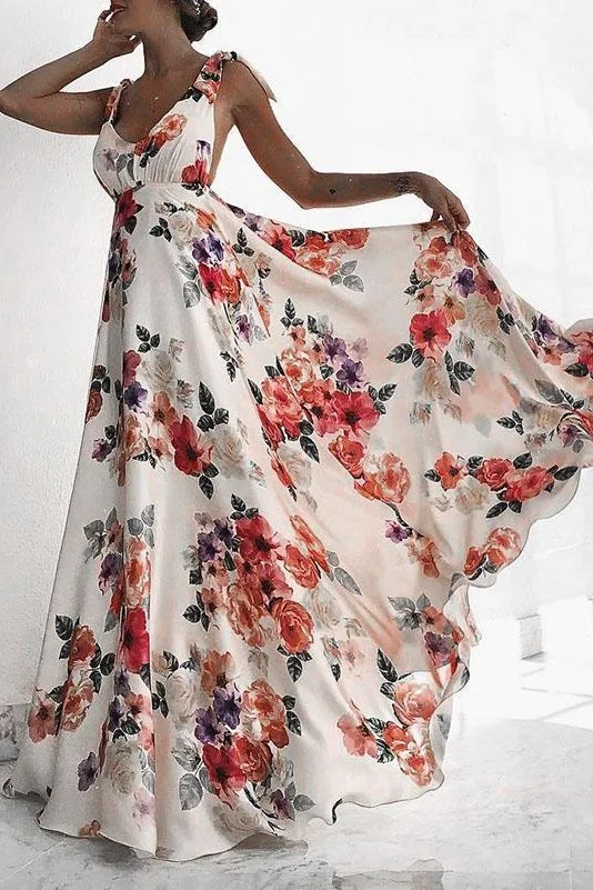 

Uguest Women Maxi Floral Dress Spaghetti Strap Bow VNeck High Waist Bandage Party Long Dress Pleated Sexy Elegant Vestido Summer