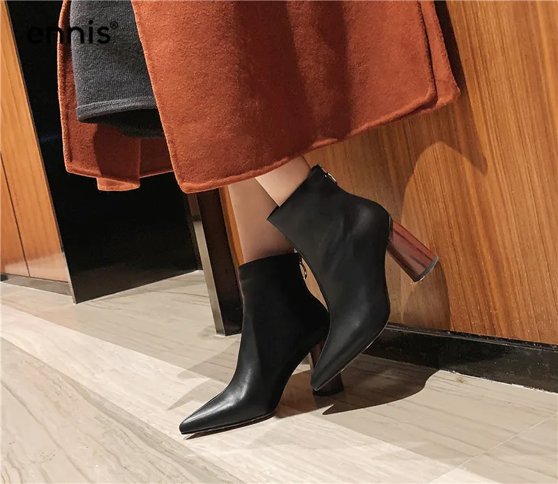 ENNIS Autumn Winter Women High Heel Boots Genuine Leather Pointed Boots Black Beige Designer Ankle Boots Ladies Shoes A9166