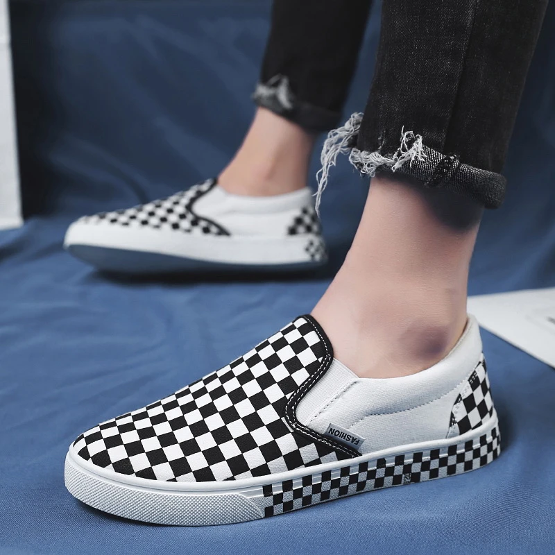 gingham canvas slip on sneakers