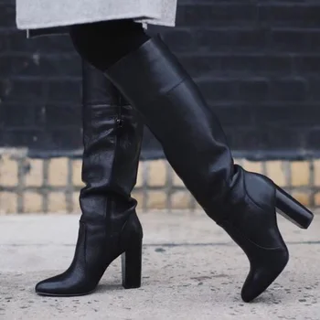

Sexy Chunky Heels Knee High Boots Black Beige Leather Pointed Toe Matter Leather Chelsea Boots Square Heel Dress Shoes Tall Boot