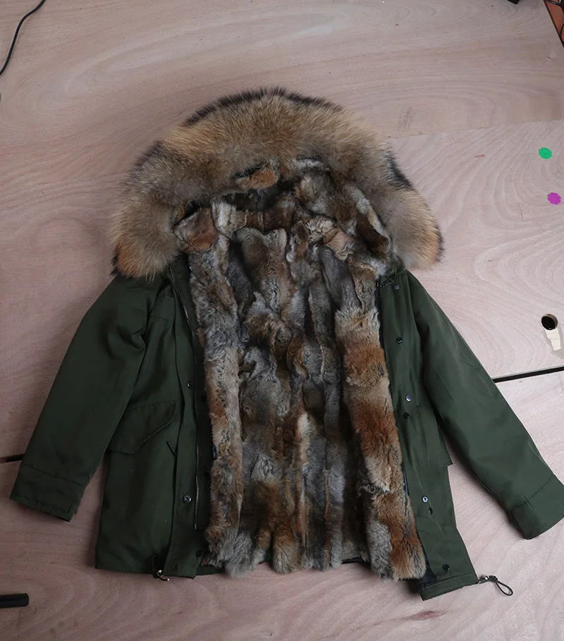 6 rabbit fur liner Парка из натурального меха, мужская зимняя куртка, воротник из натурального меха енота, пальто с капюшоном, природный енот, меховая подкладка, куртка, толстое теплое короткое пальто - Цвет: 6 rabbit fur liner