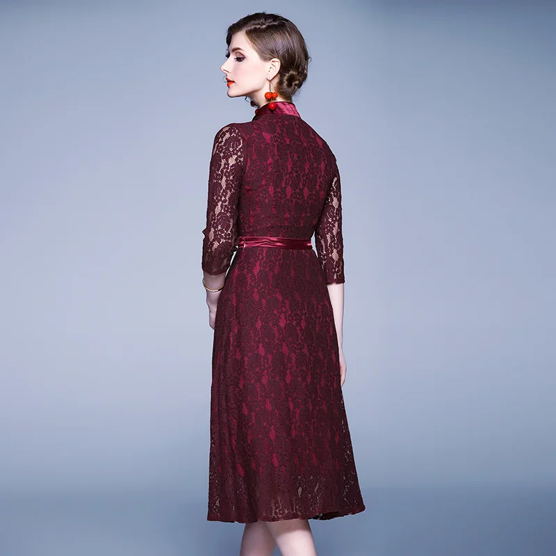 Новое Осеннее Красное Кружевное рождественское платье средней длины Vestidos Invierno