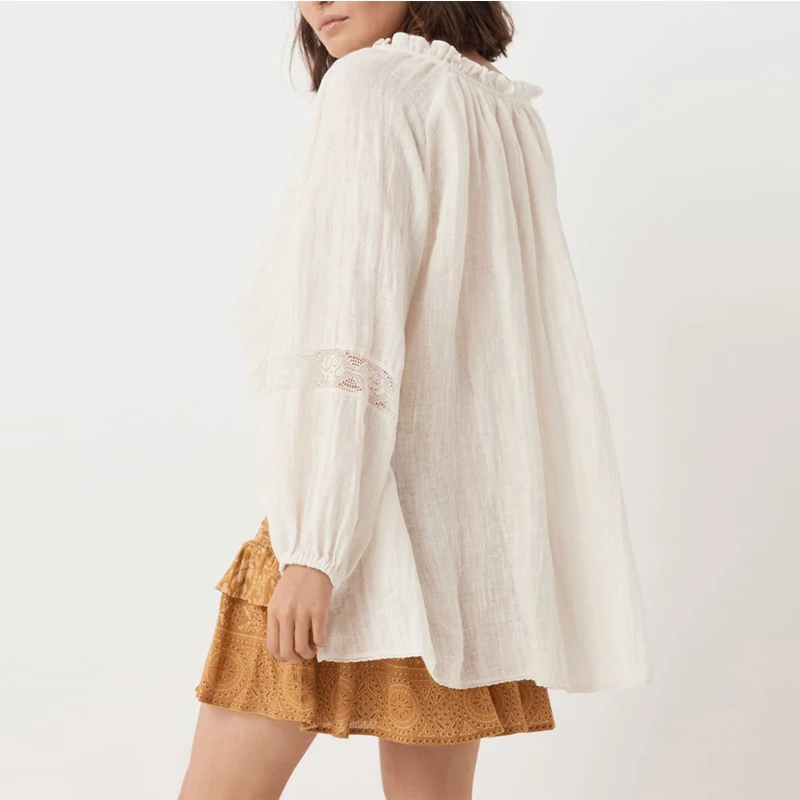 Фонарь с длинным рукавом Хлопок Boho белая блузка, женские рубашки богемные Кружева V шеи свободные блузки Женщина Плюс Размер Топы Blusas