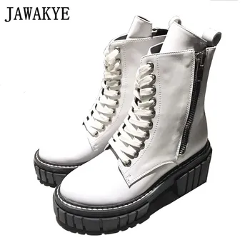 

White Black Thick Sole Motorcycle Boots Flat Platform Zipper Boots Ankle Long Motorcycle Boots Winter Fashion Shoes Women