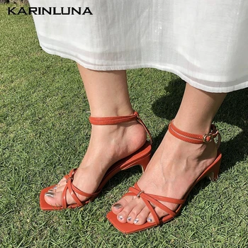

KarinLuna 2020 New Fashion Genuine Leather Women Sandals Strange Style Heels Peep Toe Narrow Band Pumps Summer Dress Women Shoes
