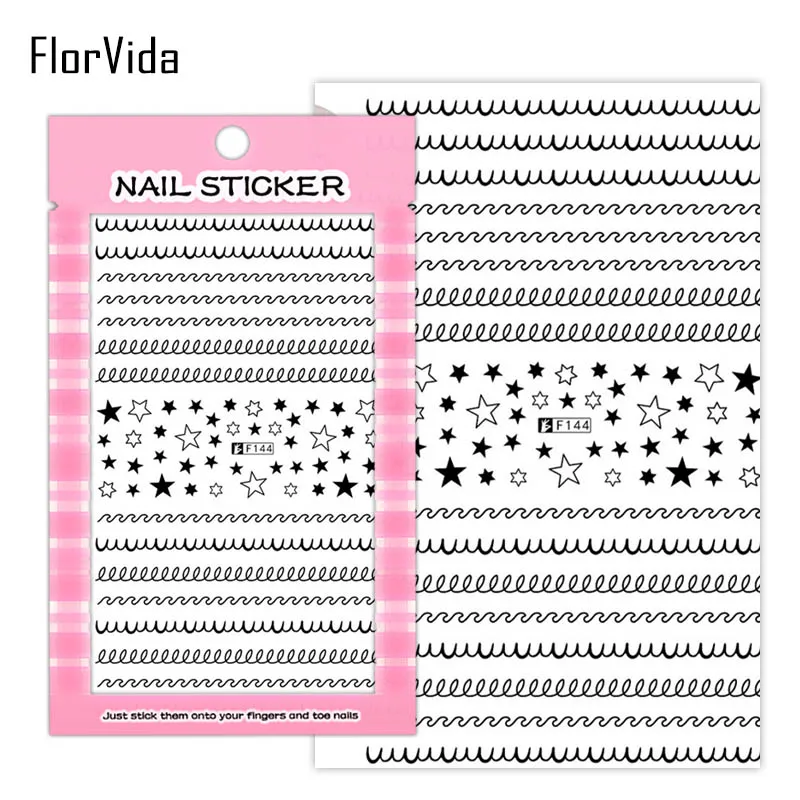 FlorVida F152 клей для ногтей Наклейка s на ногти дизайн драгоценных камней Кот узел линий белый черный Золотой F серии Стикер Маникюр - Color: F144 Black