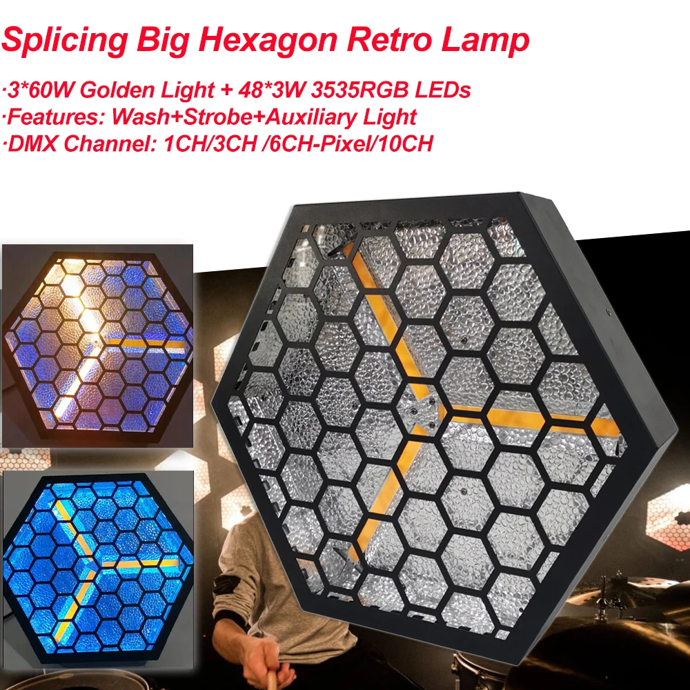 Yuer Wash Strobe Auxiliary 3in1 Effect Light 300W Splicing Big Hexagon Retro Lamp For Club Dj Stage Lighting Party Disco Wedding