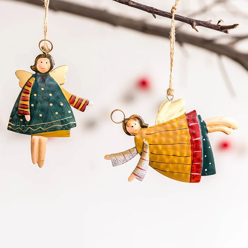 

Xmas Tree Hanging Decorations Crafts Rustic Painted Metal Angel Christmas Pendants Drop Ornaments Christmas Household Decoration