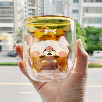 

Glass Cup 3D 2-tier Double Walled Tea-Mugs Creative Lovely Coffee Mug dog Animal Christmas Mug Gift Milk Cup Healthy Drinkware