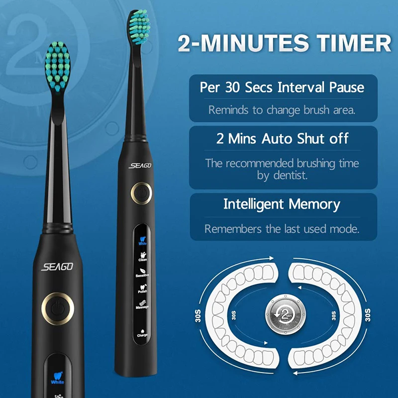 Seago SG-507, электрическая зубная щетка для взрослых с таймером, электрическая зубная щетка с зарядкой от USB, 3 шт., Сменная головка щетки
