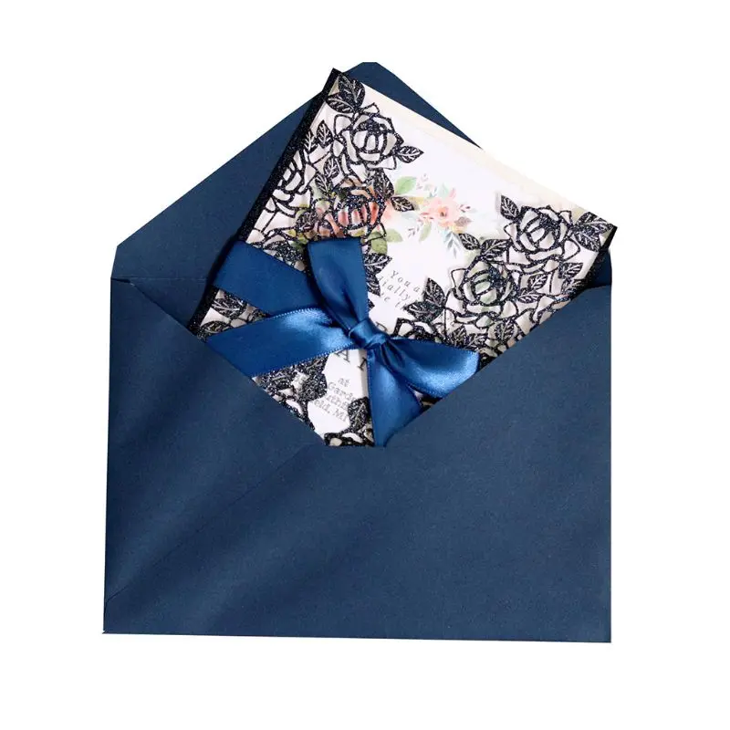  10pcs/set Glitter Laser Cut Rose Invitations Card With Ribbons Wedding Party 72XF - 4000389161397