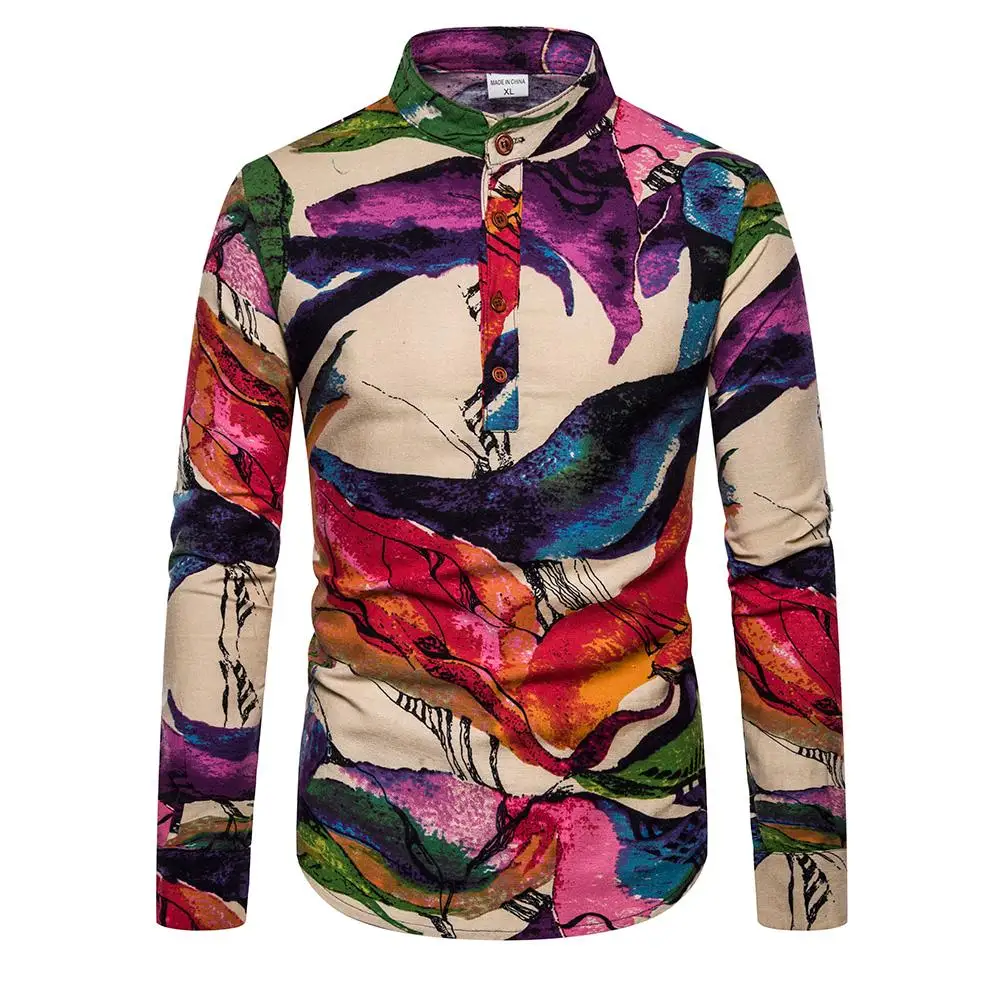 

Casual Shirt Men Blouse Fashion multicolor Linen Shirts Men Stand collar Unique button design Long sleeves New