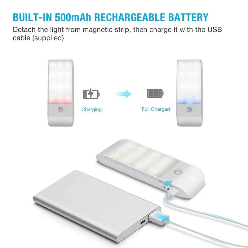 Светильник с датчиком движения [2 комплекта] ночной для шкафа Перезаряжаемый USB