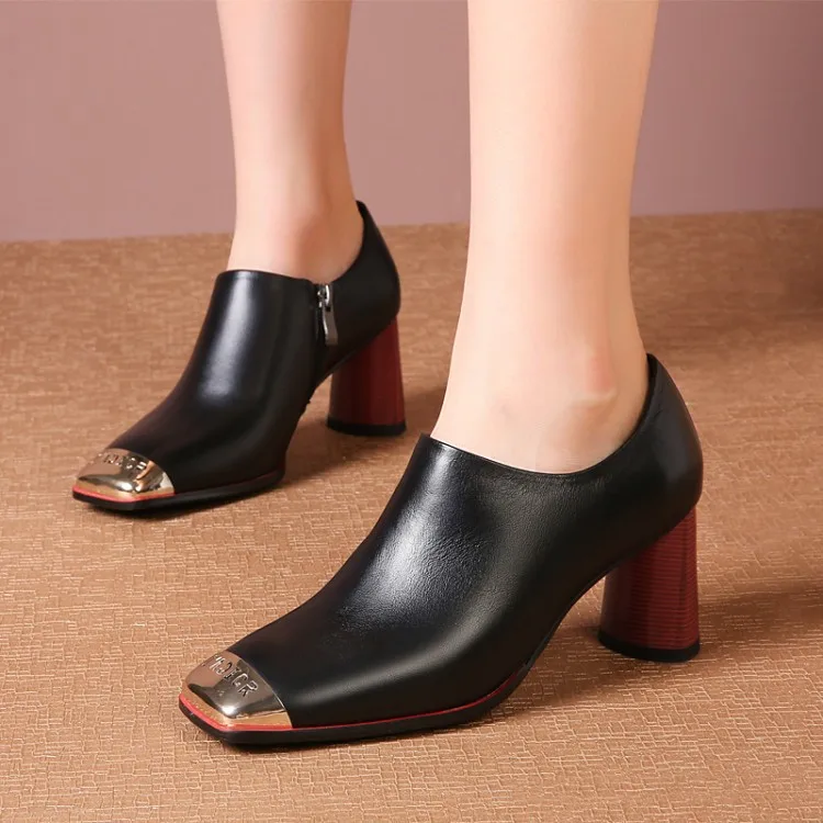 

2019 Autumn & Winter New Style Metal Square Head Chunky Semi-high Heeled Full-grain Leather Side Zipper Women's Fashion Deep-mou