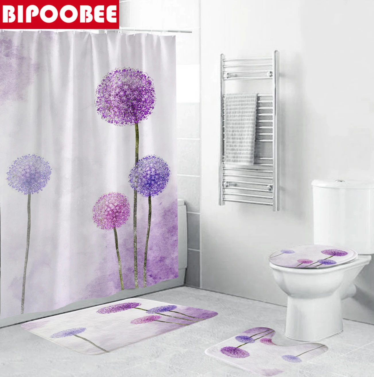 karahindiba kumas dus perdesi mor cicek banyo perdesi seti anti skid halisi tuvalet kapak banyo mat ev dekor shower curtains aliexpress