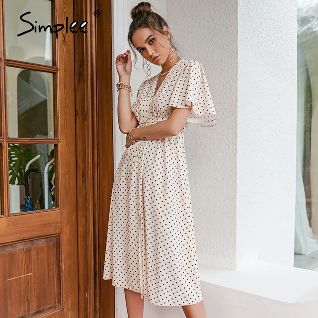 Simplee Chic polka dot botton a-line dress women Bell sleeve high waist maxi dress elegant Office lady dresses spring summer2021 4