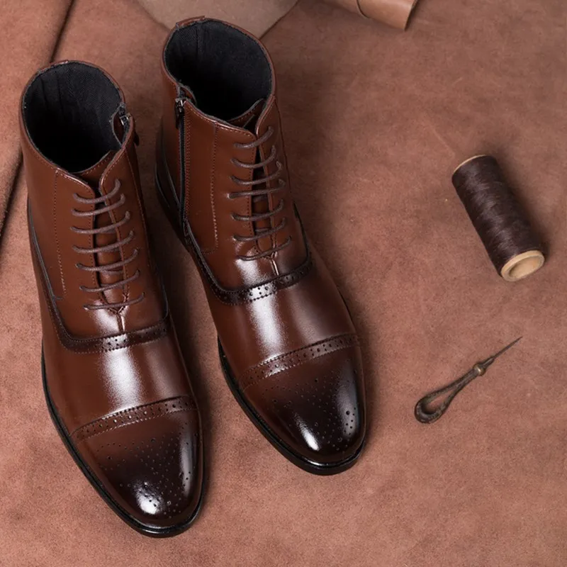 Brogue Men Boots Lace-up Zipper Ankle Male Oxford Boots Spring Autumn Leather Elegant Decent Shoes Plus Size 39-46 - Цвет: Коричневый