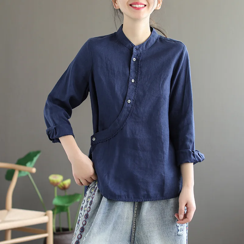 

Fashion Splicing Vintage Clothes Top Women's Red dark blue color Shirt Female Single Breasted Stand Collar full sleeves blouseZ2