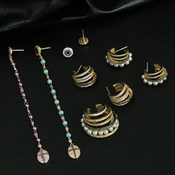 

Top Quality Gold Color Micro Pave Top CZ Crystals Pearl Multi-layer Circle Earrings For Women INS Jewelry