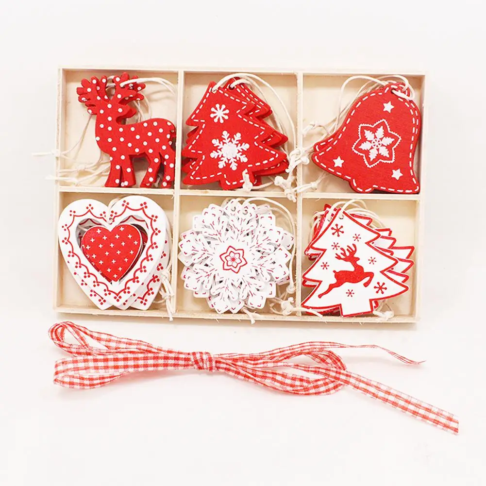 

24 Pcs Christmas Tree Pendant Bell Elk Hanging Ornament 6 Plaid Wooden Box Home Decoration Crafts DIY Gift