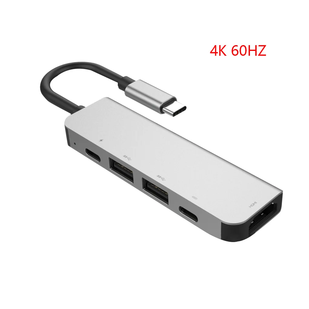 5 в 1 USB-C Узловая док-станция 4K HD большой экран адаптер 2 USB 3,0 теплоотвод алюминиевый сплав ноутбук PD USB C концентратор - Цвет: Серебристый